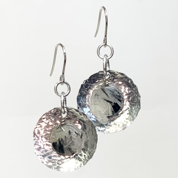 Hammered Dome and Tourmalinated Quartz Earrings