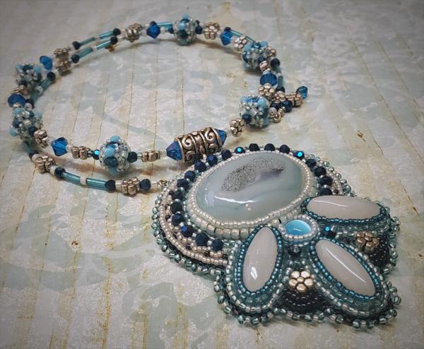 Icy Blue Bead Embroidery Pendant Necklace picture