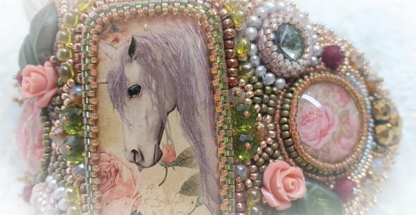 Unicorns and Roses Bead Embroidery Cuff Bracelet picture