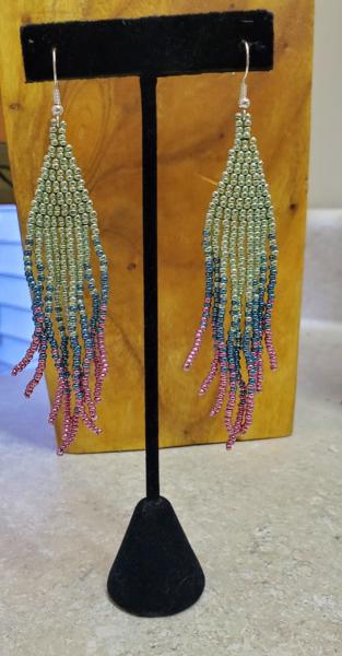 Seafoam Seed Bead Woven Fringe Earrings picture