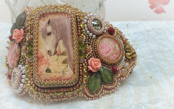 Unicorns and Roses Bead Embroidery Cuff Bracelet picture