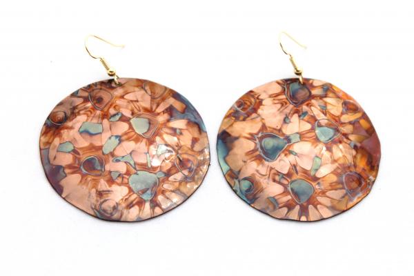 Flame Painted Round Copper Earrings - 1.5" picture