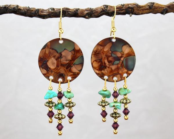 Flame Painted Copper Chandelier Earrings with Amethyst Crystal and Turquoise picture