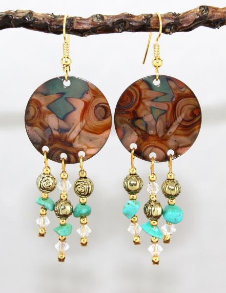 Flame Painted Copper Chandelier Earrings with Crystal and Turquoise picture