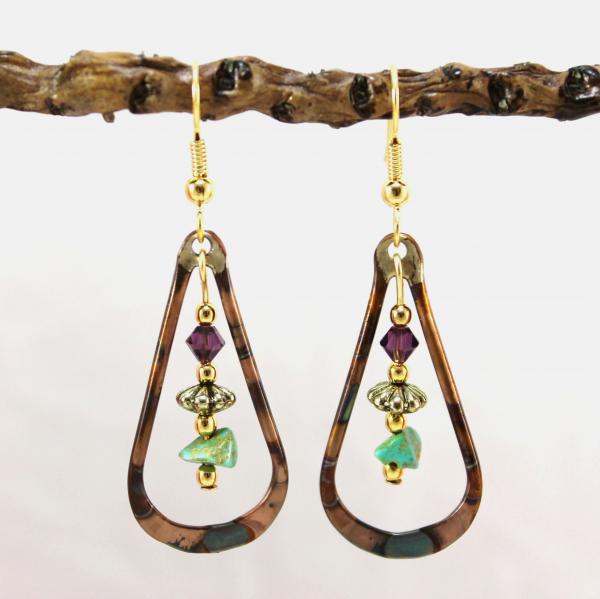 Flame Painted Copper Earrings with Turquoise and Amethyst Crystal picture