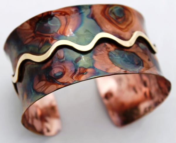 Flame Painted Dished Copper Cuff  with Brass Overlay - 1.5 - inch width
