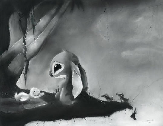 Lonely Stitch - Lilo and Stitch charcoal & pastel art print picture