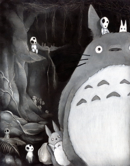 Totoro & Tree Spirits charcoal art print