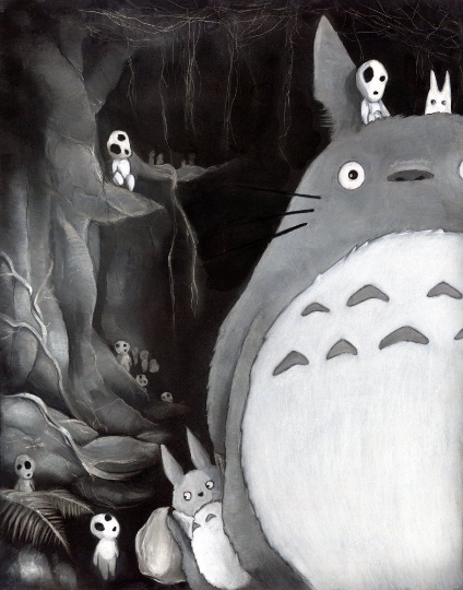 Totoro & Tree Spirits charcoal art print picture