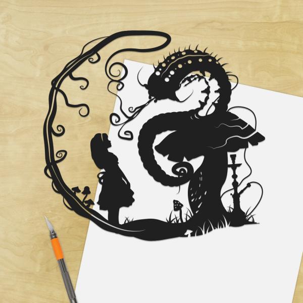 Alice and Caterpillar paper cut UnFramed picture