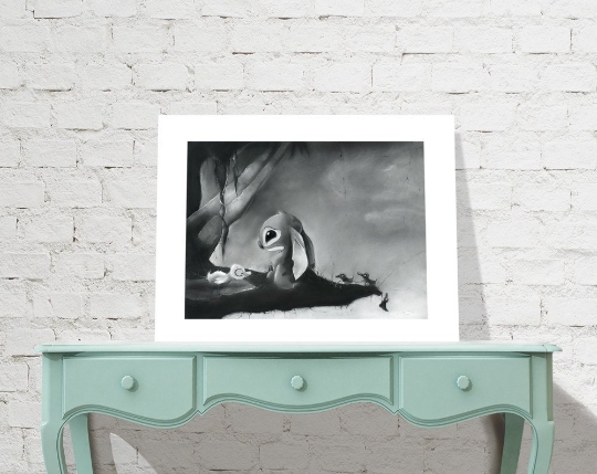 Lonely Stitch - Lilo and Stitch charcoal & pastel art print picture