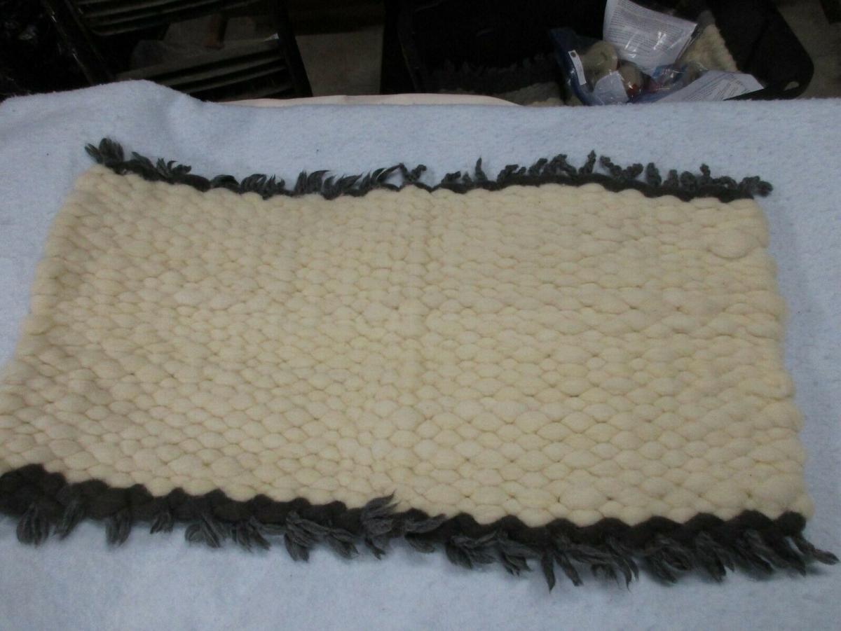 Soft to the Feet White with Black edges Texel Wool Peg Loom rug picture