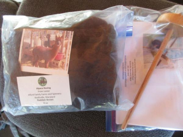 Kit - Drop spindle and Redish Brown Washed Alpaca Roving, Huacaya - 4oz bags picture