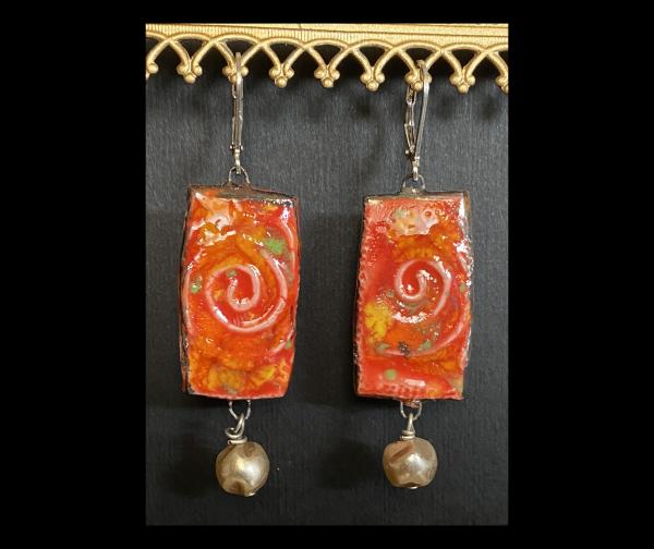 Fine Porcelain Orange Rectangle Earrings, 1.25" Long, Sterling Ear Wire.