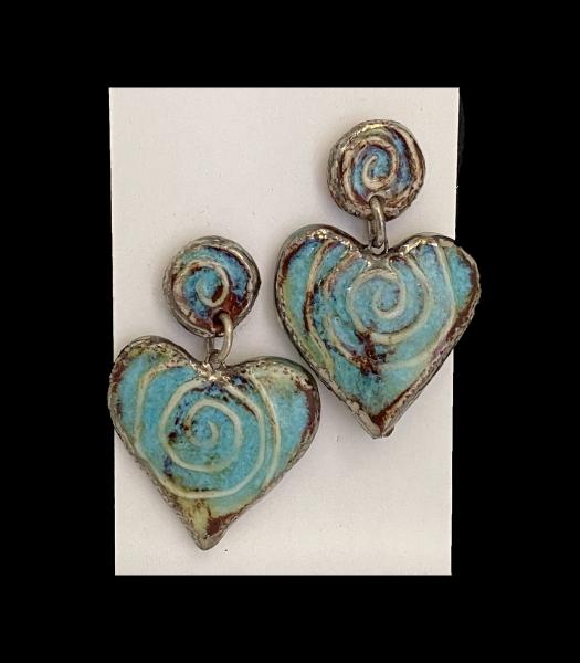Fine Porcelain Heart Earrings with Signature Ancient Blue Glaze, 2.25" Long.