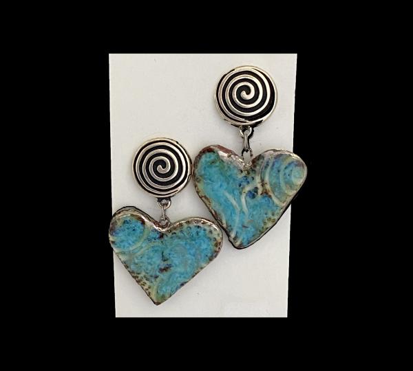 Fine Porcelain Heart Earrings in Signature Ancient Blue Glaze, 2" Long. picture