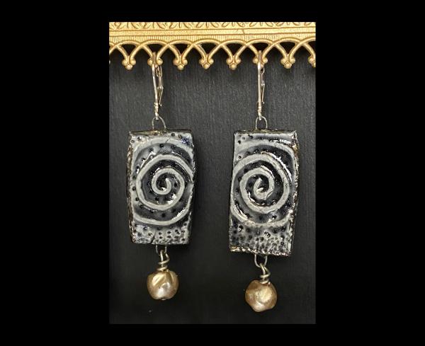 FinPorcelain Rectangle Earring in Translucent Black, with Swarovski Crystal Pearl Drop. picture