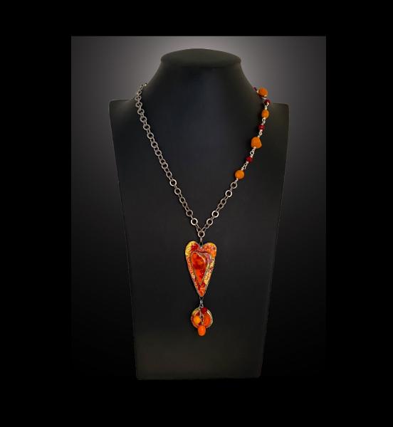 Fine Porcelain Red/Orange Heart Lariat, Adjustable 19" to 34"