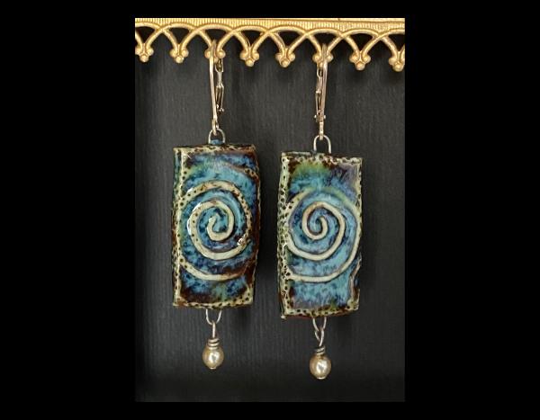 Fine Porcelain Earring in Ancient Blue with Swarovski Crystal Pear, 1.25" Long. Sterling Ear Wire. picture