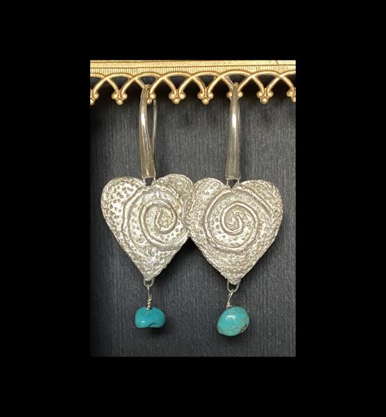 Heart Earrings in Sterling Silver with Turquoise Drop. picture