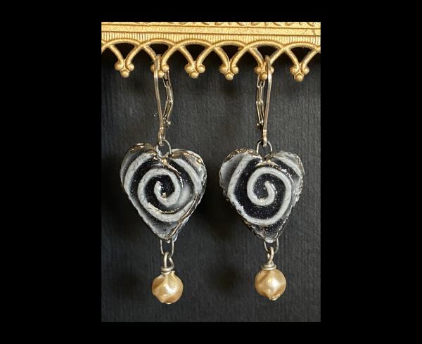 Fine Porcelain Heart Earrings in Translucent Black Glaze. 1" long with Sterling Ear Wires. picture