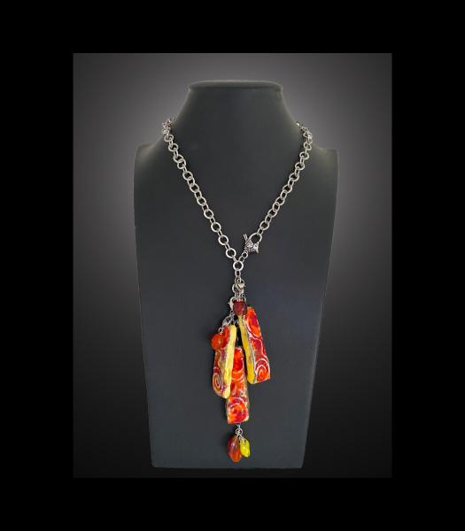 Fine Porcelain Orange, Red & Yellow Lariat Necklace, Adjustable 20" to 36" picture