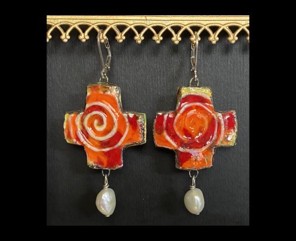 Fine Porcelain Zia Cross Orange and Red Crystal Glaze Drop Earrings