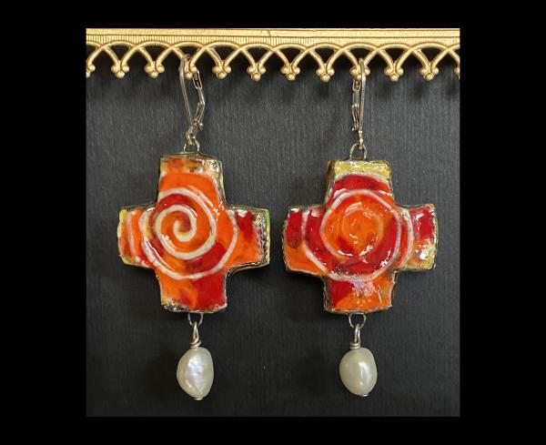 Fine Porcelain Zia Cross Orange and Red Crystal Glaze Drop Earrings picture