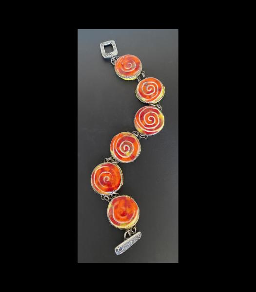 Fine Porcelain Bracelet in Orange and Red Crystal Glazes,  7.5".