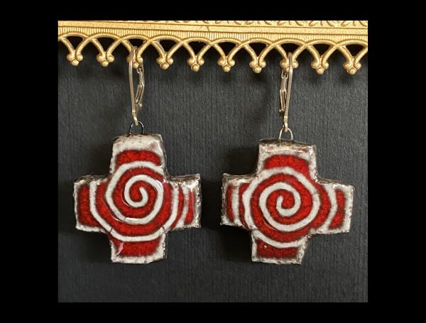 Fine Porcelain Red Zia Cross Earrings.
