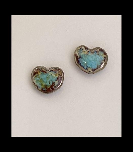 Fine Porcelain Small Heart Post Earrings in Signature Ancient Blue Glaze. .25" Rd. picture