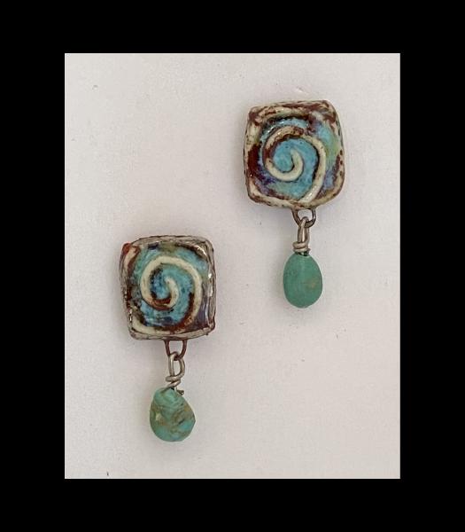 Fine Porcelain Square Earring with Turquoise Drop, .75" Long. picture