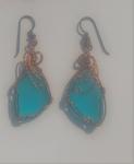 Turquoise Sea Glass Wrapped with Copper Wire Earrings #618