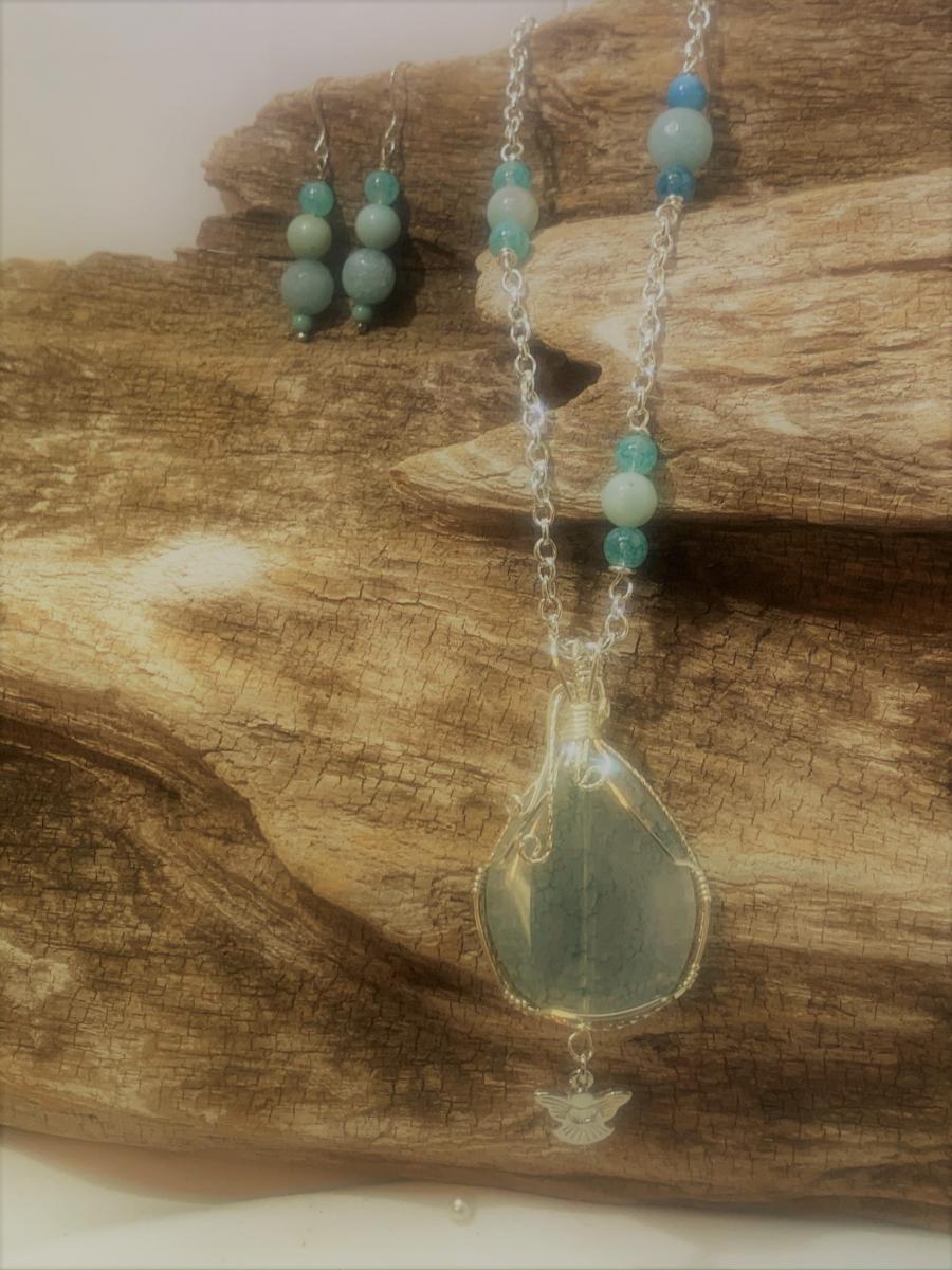 Aqua Agate with Angel Charm Necklace #423 picture