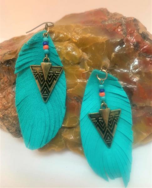 Turquoise Suede Feather Earrings #1201 picture