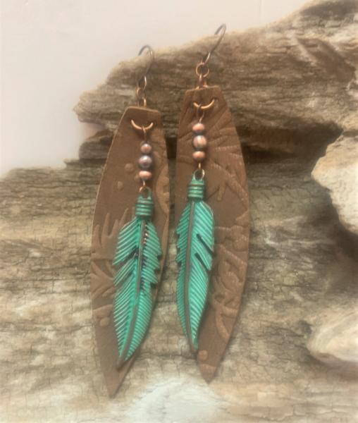 Embossed Brown Leather Earrings #1202 picture