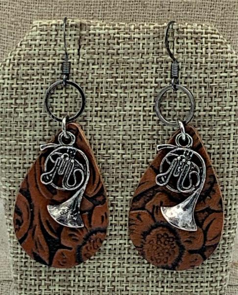 Leather Teardrop with French Horn Earrings #1218