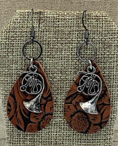 Leather Teardrop with French Horn Earrings #1218 picture