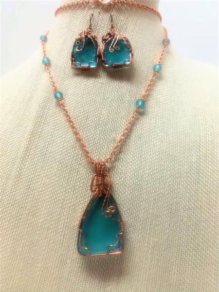Turquoise Sea Glass Wrapped with Copper Wire Necklace #648 picture