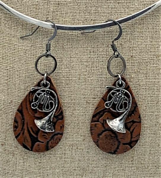 Leather Teardrop with French Horn Earrings #1218 picture
