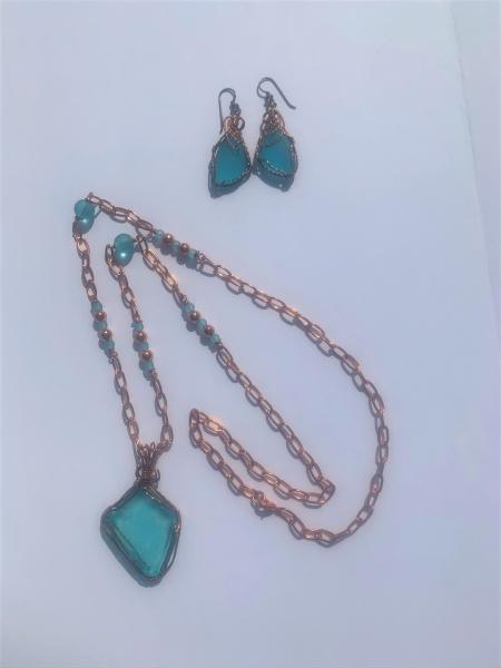 Turquoise Sea Glass Wrapped with Copper Wire Necklace #617 picture