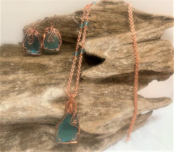 Turquoise Sea Glass Wrapped with Copper Wire Necklace #648 picture