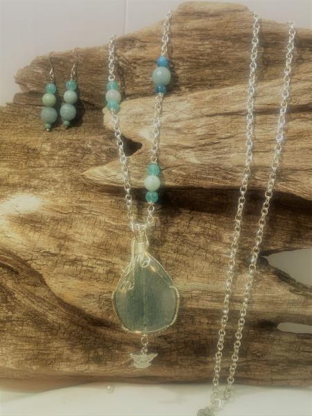 Aqua Agate with Angel Charm Necklace #423 picture