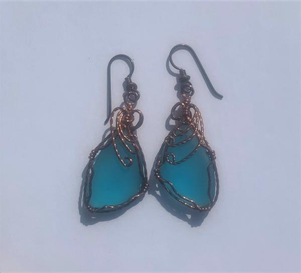 Turquoise Sea Glass Wrapped with Copper Wire Earrings #618 picture