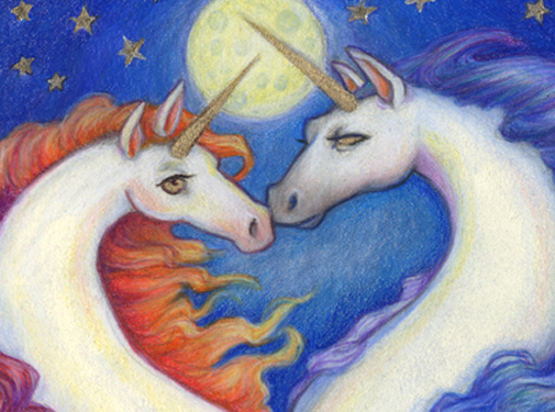 “Unicorn Sweethearts", original color pencils, 7 x 5.5 picture
