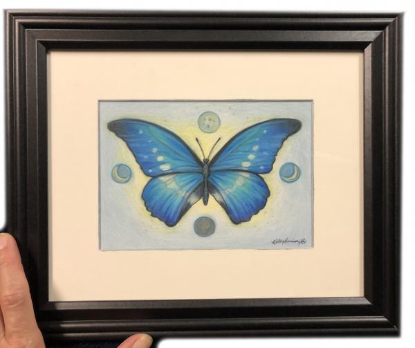 “Morpho Blue Butterfly with Moons” original, color pencils art 6.5 x 4.5 picture