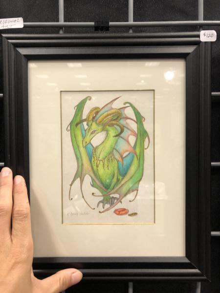 Green Dragon, original art 5x7, plus mat with frame