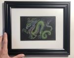 Green Dragon on Black, original art 7x5, plus mat with frame