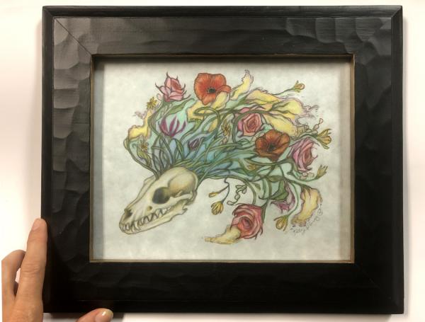 SALE (*imperfect frame) Flowerhawk Fox Skull, Original Color Pencil Drawing