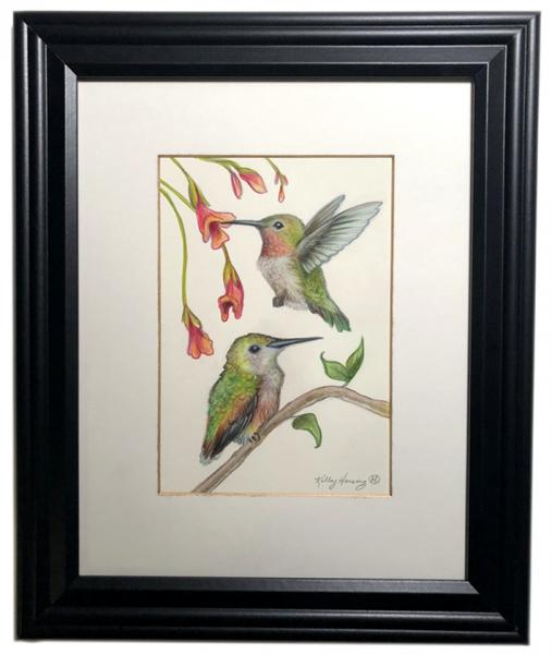 "Hummingbirds", Small Original 5 x 7 Color Pencil Art picture